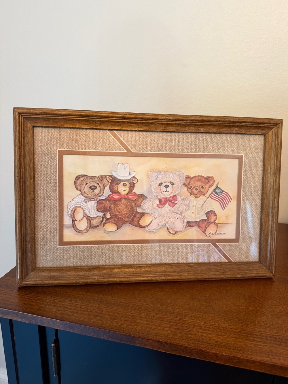Vintage 1985 Ava Freeman Teddy Bear Americana Framed Art 11x17